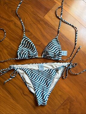 Shade & Shore Teal and White Wavy Stripe Tie-Side Bikini
